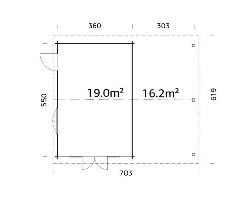 Grundrisszeichnung eines Gartenhauses mit den Maßen 703 mal 619 Zentimeter und zwei Räumen von 19,0 und 16,2 Quadratmetern