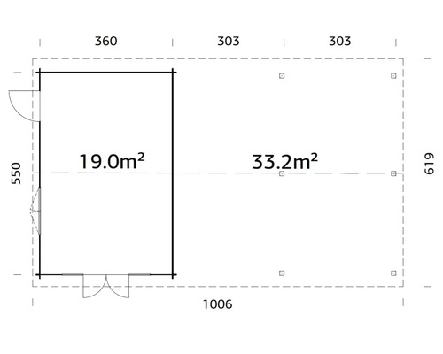 Grundriss eines Gartenhauses mit den Maßen 1006 x 619 Zentimeter sowie einer Wohnfläche von 19 Quadratmetern und einer Nutzfläche von 33,2 Quadratmetern.