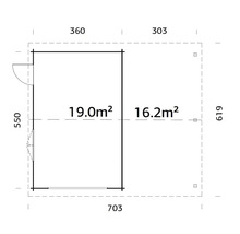 Grundrisszeichnung eines Gartenhauses mit Größenangaben