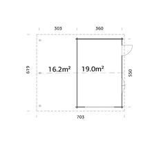Grundriss eines Gartenhauses mit den Maßen 303 x 619 Zentimeter und 360 x 550 Zentimeter, was 16,2 Quadratmeter und 19,0 Quadratmeter entspricht.