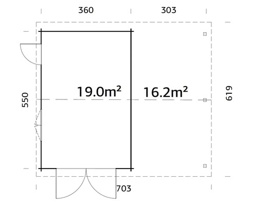 Grundriss einer Gartenlaube mit Maßangaben