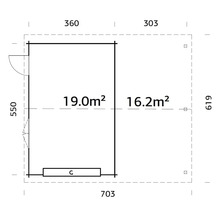 Grundrisszeichnung eines Gartenhauses mit den Maßen 703 x 619 Zentimeter