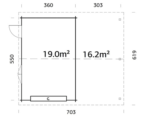 Grundrisszeichnung eines Gartenhauses mit den Maßen 703 x 619 Zentimeter