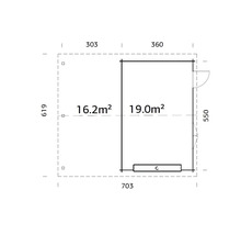 Grundriss eines Gartenhauses mit Maßangaben zu Wandlänge und Innenraumfläche