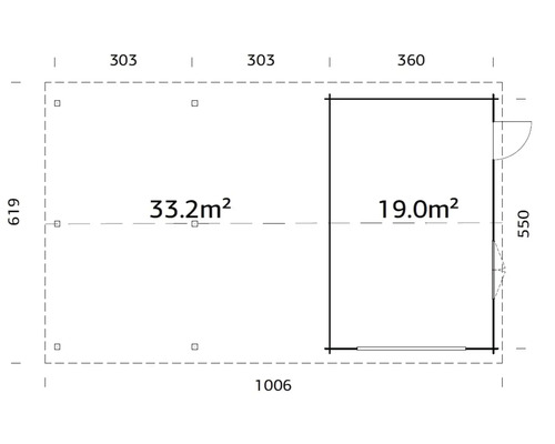 Grundriss eines Gartenhauses mit den Maßen 1006 x 619 cm und einer Fläche von 33,2 Quadratmetern sowie eines Anbaus mit 19 Quadratmetern