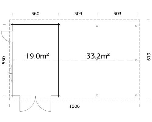 Grundriss eines Gartenhauses mit den Maßen 1006 mal 619 und einer Gesamtfläche von 52,2 Quadratmetern.