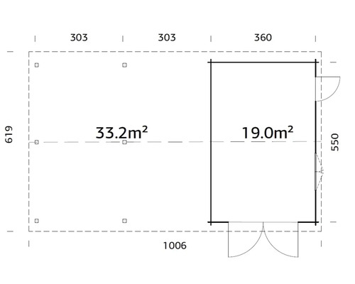 Grundriss eines Gartenhauses mit den Maßen 1006 x 619 cm und einer Fläche von 33,2 Quadratmetern sowie eines Anbaus mit 19 Quadratmetern