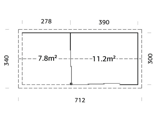 Grundriss eines Gartenhauses mit den Maßen 712 mal 340 Zentimeter