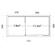 Grundriss eines Gartenhauses mit den Maßen 712 x 340 cm und den Flächen 7,8 und 11,2 Quadratmeter
