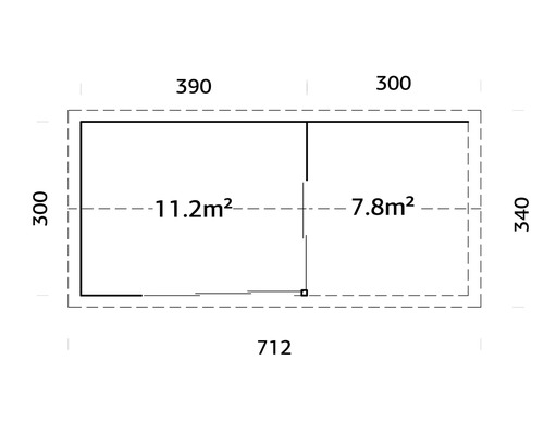 Grundrisszeichnung eines Gartenhauses mit den Massen 712 x 340 Zentimeter