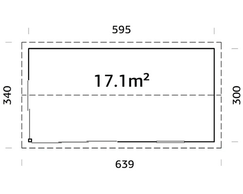 Grundriss mit Maßangaben: 17,1 Quadratmeter Fläche, 595 Zentimeter Breite und 340 Zentimeter Tiefe