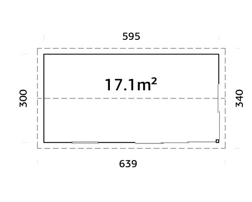 Grundriss mit Maßangaben: 595 x 300 cm, Fläche: 17,1 Quadratmeter