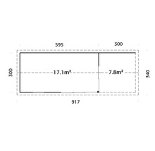 Grundrisszeichnung eines Gartenhauses mit Maßangaben