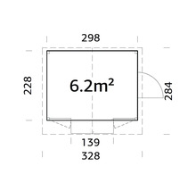 Grundrisszeichnung mit Maßangaben für ein Gartenhaus mit 6.2 Quadratmeter Fläche