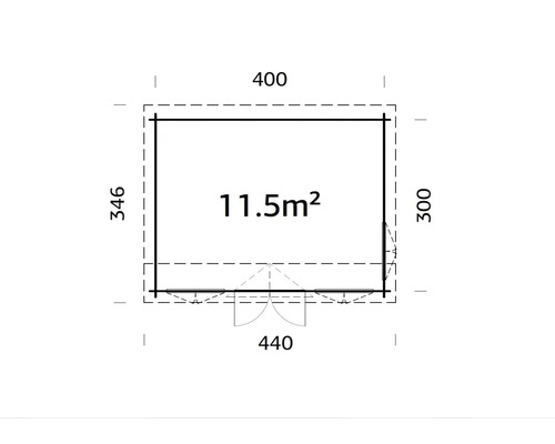Grundrisszeichnung eines Gartenhauses mit Abmessungen 400 mal 346 mal 300 mal 440 und einer Fläche von 11,5 Quadratmetern