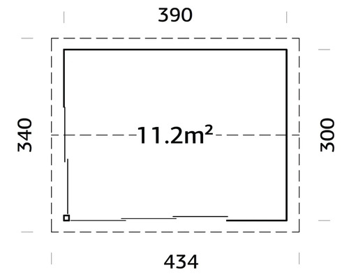Grundriss mit Abmessungen: 390 x 340 x 300 x 434 und 11.2 Quadratmeter Fläche
