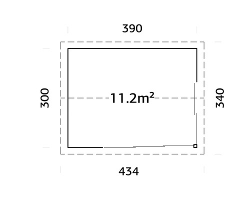 Grundriss mit Abmessungen: 390 x 434 x 300 x 340 cm, Fläche: 11.2 m²