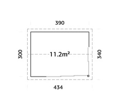 Grundrisszeichnung mit den Maßen 300, 340, 390 und 434, Fläche 11.2 Quadratmeter