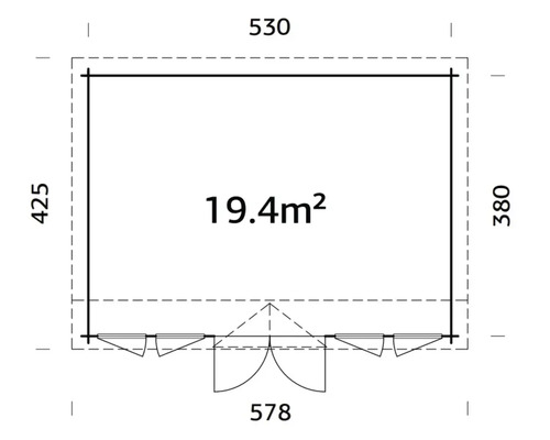 Grundrisszeichnung eines Gartenhauses mit den Maßen 530 x 425 x 380 x 578 cm und einer Fläche von 19,4 Quadratmetern.