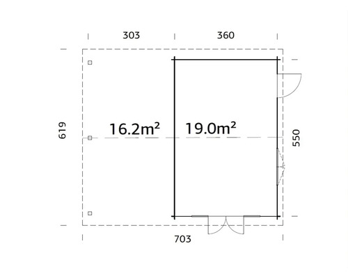 Grundrisszeichnung eines Gartenhauses mit Flächenangaben