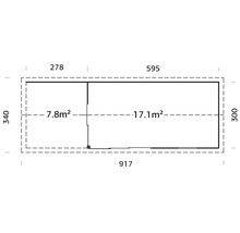 Grundriss eines Gartenhauses mit den Maßen 917 mal 340 Zentimeter