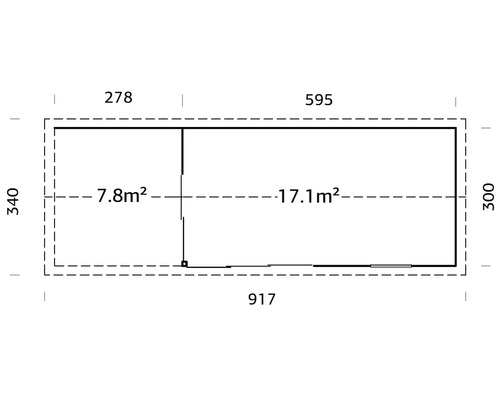 Grundriss eines Gartenhauses mit den Maßen 917 mal 340 Zentimeter