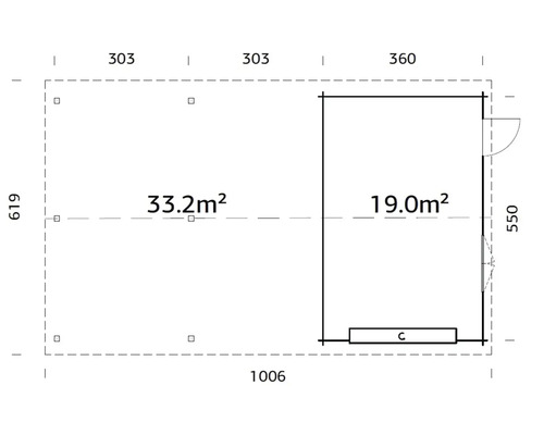 Grundrisszeichnung eines Gartenhauses mit Maßangaben