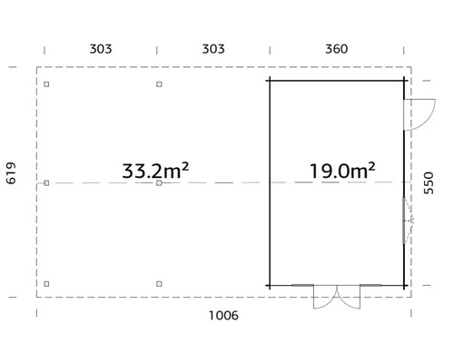 Grundriss eines Gartenhauses mit den Maßen 1006 mal 619 und einer Fläche von 33,2 Quadratmetern und einem Anbau mit 19 Quadratmetern.