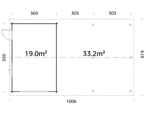 Grundrisszeichnung eines Gartenhauses mit den Maßen 1006 x 619 Zentimeter und einer Fläche von 52,2 Quadratmetern