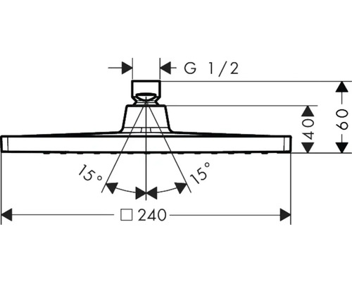Technische Zeichnung eines Duschkopfes mit Maßangaben