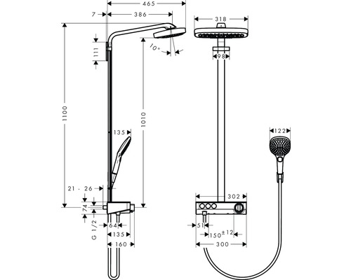 Technische Zeichnung einer Duscharmatur mit Kopfbrause und Handbrause mit Maßangaben