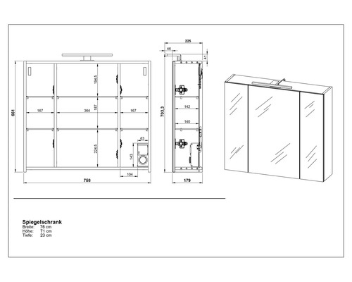 Technische Zeichnung eines Spiegelschrankes mit Maßen.