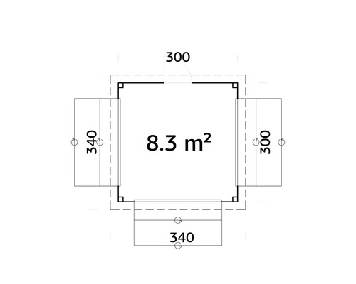 Grundriss mit Maßangaben: 8.3 Quadratmeter Fläche, 300 und 340 Zentimeter Seitenlänge