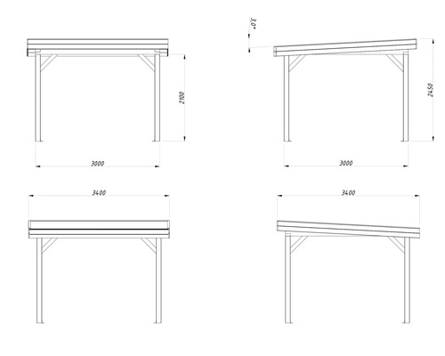 Technische Zeichnung eines Carports mit Maßangaben