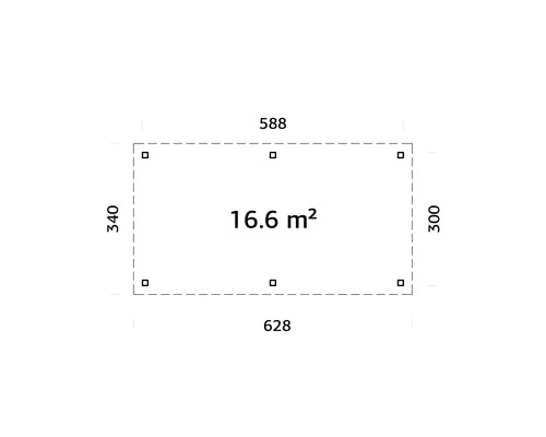 Grundriss mit Abmessungen: 628 mal 340 Zentimeter und 588 mal 300 Zentimeter, Fläche 16,6 Quadratmeter
