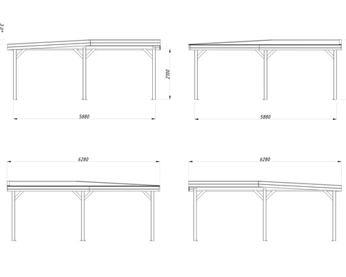 Technische Zeichnung eines Holzcarports mit Maßangaben