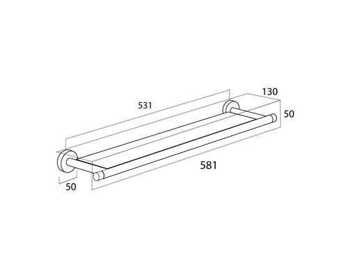 Technische Zeichnung eines Badregals mit Handtuchhalter und Maßangaben