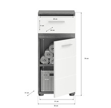 Badezimmerschrank mit Schublade, offenes Fach mit Handtüchern und einem Korb, Maße