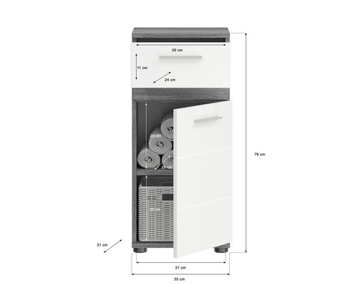Badezimmerschrank mit Schublade, offenes Fach mit Handtüchern und einem Korb, Maße