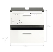 Waschtischunterschrank mit zwei Schubladen und Abmessungen.