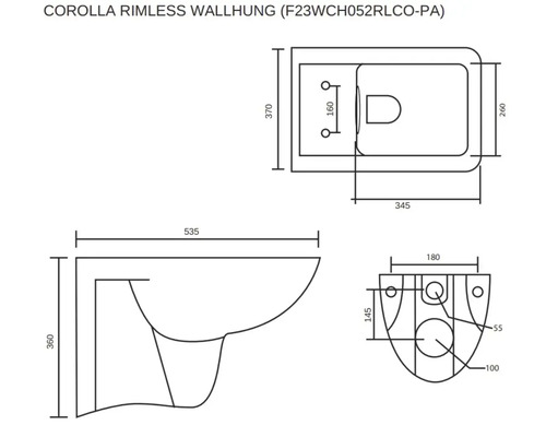 Technische Zeichnung eines wandhängenden WCs mit Abmessungen