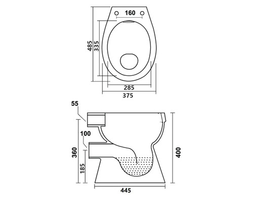 Technische Zeichnung eines WCs mit Maßangaben