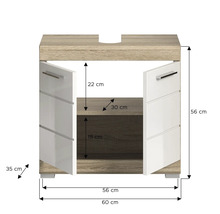 Waschbeckenunterschrank mit offenen Türen und Größenangaben.