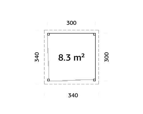 Grundriss mit den Maßen 340 mal 340 und 300 mal 300 mit einer Fläche von 8,3 Quadratmetern