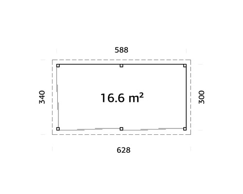 Grundriss mit den Maßen 588 x 340 x 628 x 300 und 16,6 Quadratmeter Fläche
