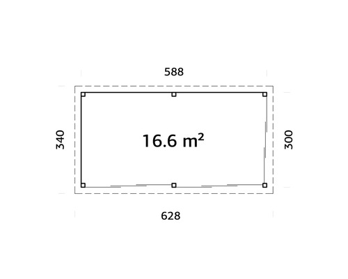 Grundriss mit Maßangaben: 340 mal 628 Zentimeter, Fläche 16,6 Quadratmeter