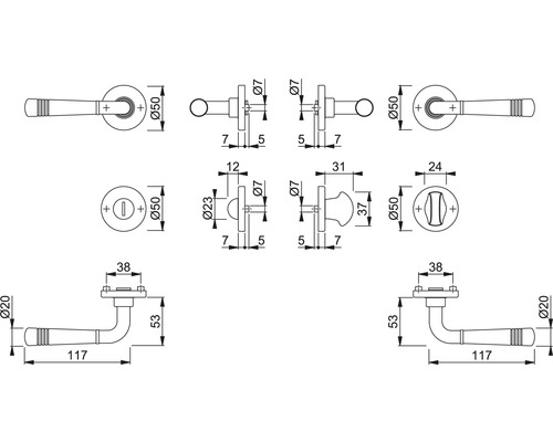 Technische Zeichnung eines Türdrückers mit Maßangaben