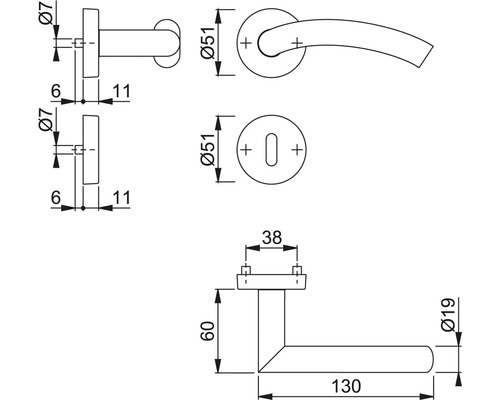 Technische Zeichnung eines Türdrückers mit Maßen