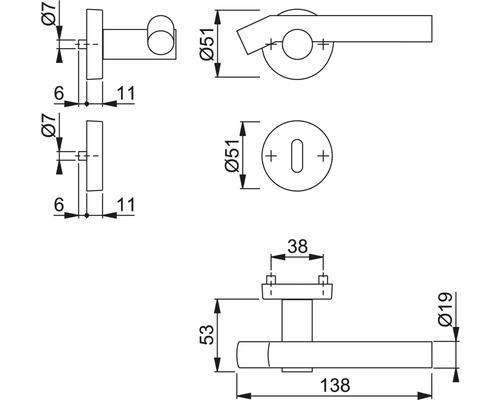 Technische Zeichnung eines Türdrückers mit Maßen.