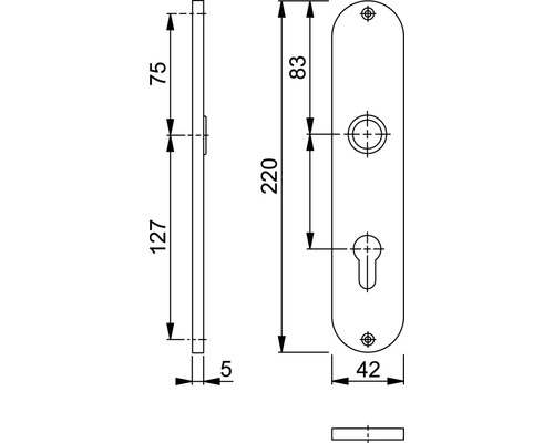 Technische Zeichnung eines Türbeschlags mit Maßangaben